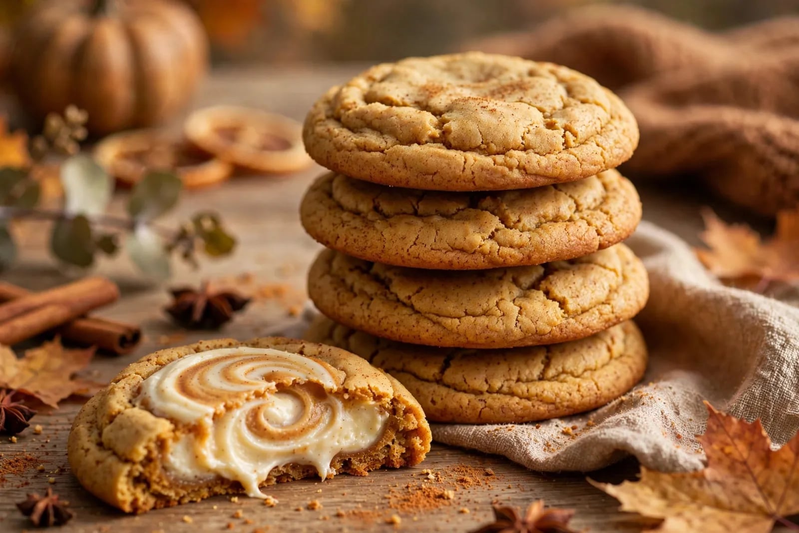 A stack of chewy pumpkin cheesecake cookies with creamy swirls, warm spices and a bite showing the soft center.