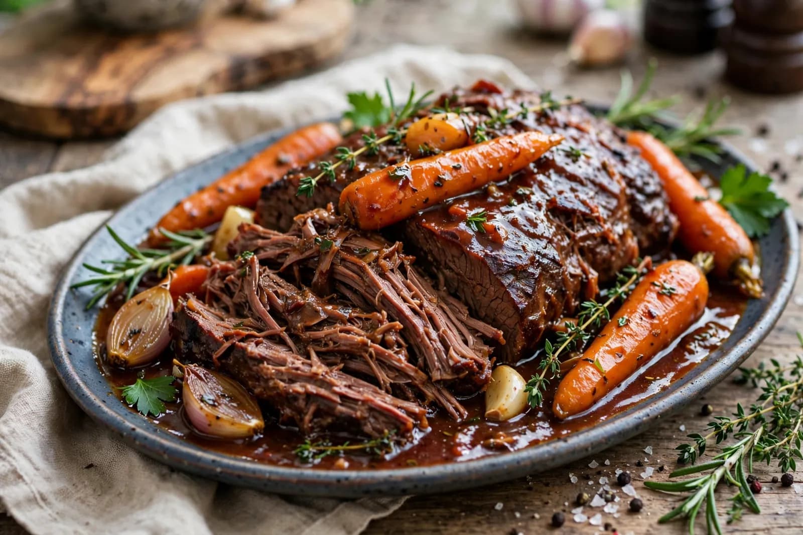 Sliced red wine braised pot roast with glossy sauce, carrots and potatoes in a Dutch oven