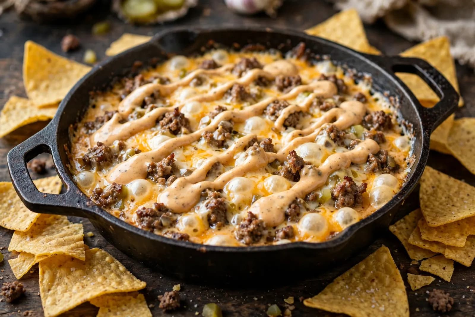 A bubbling skillet of smoky cheeseburger queso dip with melted cheese, burger sauce drizzle and diced pickles beside tortilla chips.